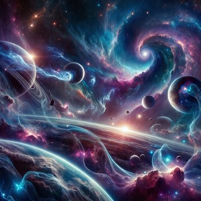 The primary subject of the image is a space scene featuring a spiral galaxy with multiple planets and stars. The setting is a blue and purple background, which adds to the overall visual style. The image is a digital art piece, showcasing the artist's creativity and imagination. The colors and mood of the image are vibrant and dynamic, with a sense of wonder and exploration.